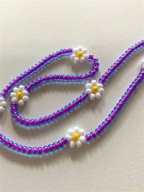 Daisy Flower Handmade Bead Necklace Purple Iridescent Etsy