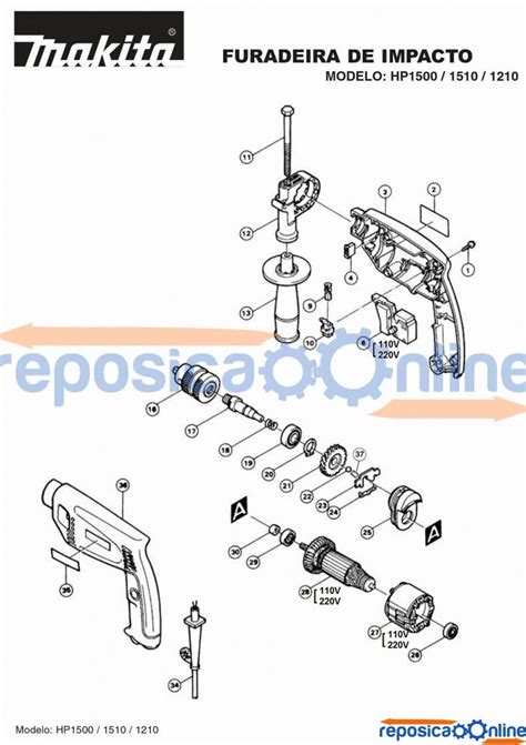 Vista Explodida Pe As Para Furadeira De Impacto Hp Makita V