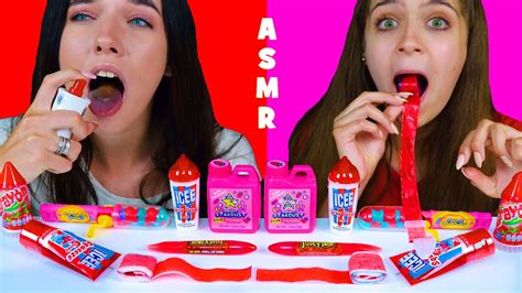 Asmr Pink And Red Sour Candy Gummy Candy Race Bubble Gum Powder Eating Sounds Lilibu Youtube