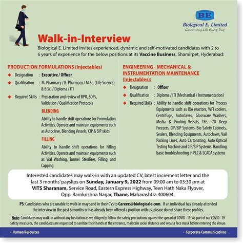 Biological E Limited Walk In Interview For B Pharm M Pharm Bsc