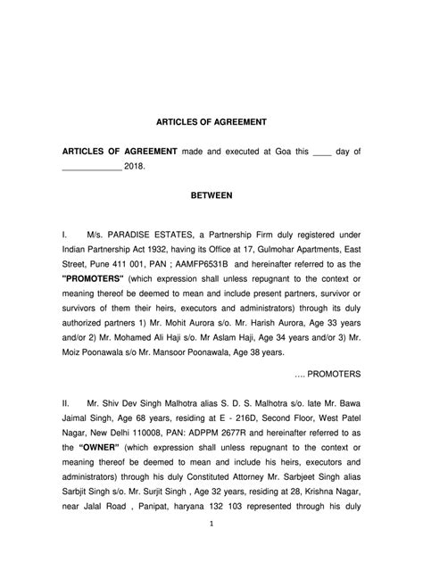 Fillable Online ARTICLES OF AGREEMENT ARTICLES OF RERA Goa Fax