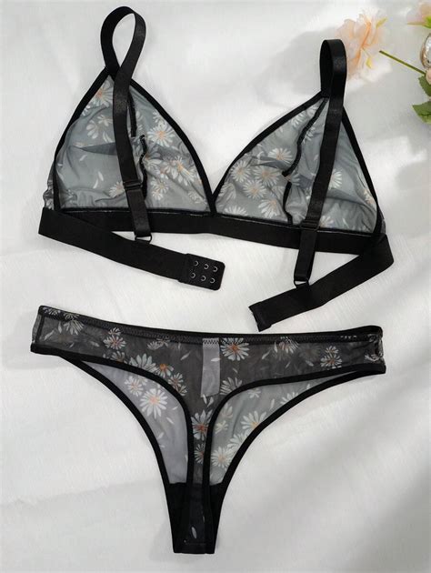 Plus Floral Print Mesh Lingerie Set Shein Usa