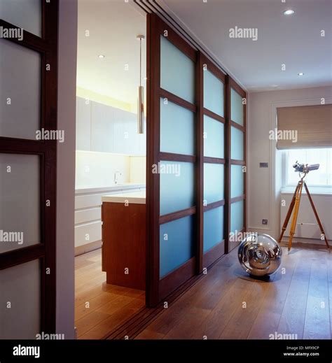 Japanese style sliding door separating kitchen area in modern room ...