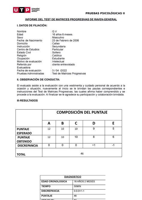 Informe Test De Raven Pruebas Psicol Gicas Ii Informe Del Test De