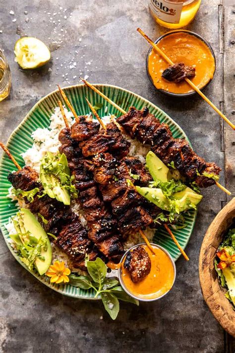 Sesame Ginger Steak Skewers With Peanut Sauce Half Baked Harvest