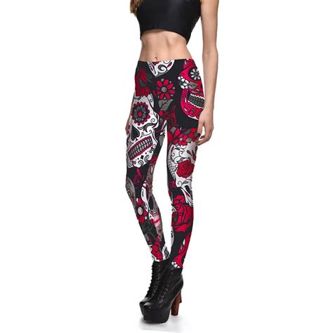 Fashion Red And Rose Skull Leggings For Women Holiday Day Of The Dead