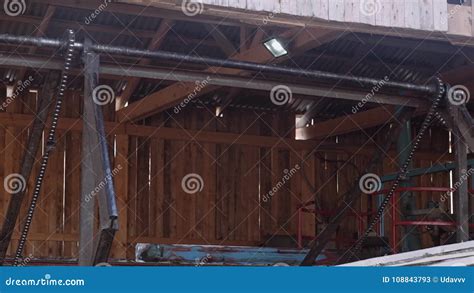 Cutted Lump Of Lumber On Chain Conveyor At Sawmill Lots Of Sawdust