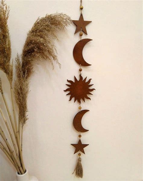 Sun Moon Stars Wall Decor Dark Walnute Color Celestial Vertical Wooden