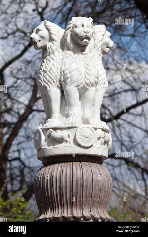 Copy of the Lion Capital of the Pillar of Ashoka from Sarnath erected in front of the India ...