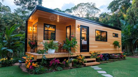 Stylish solar-powered tiny home surrounded by vibrant flowers and lush