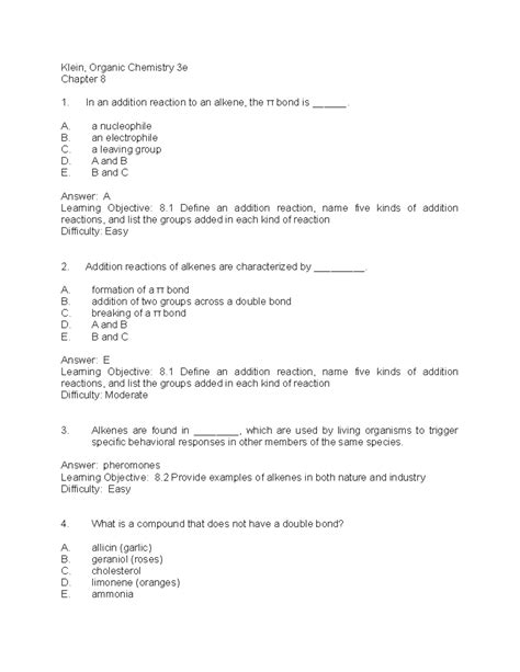 Chapter 8 Organic Chemistry Test Bank Questions For Klein Orgo 3rd