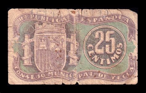 España Billete Local Guerra Civil Yecla 25 Céntimos 1937 Bc F