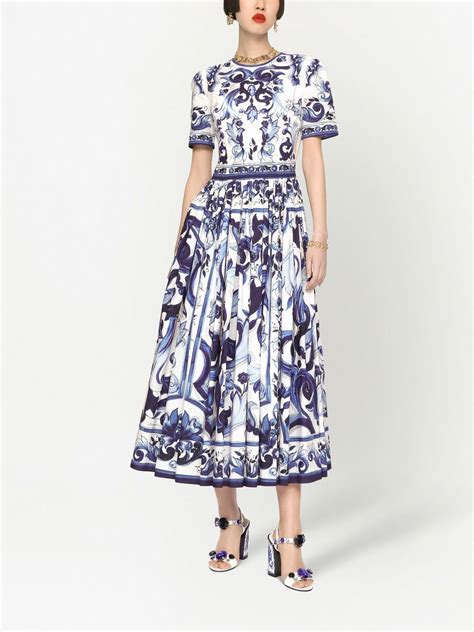 Dolce And Gabbana Majolica Print Poplin Maxi Dress Blue Farfetch