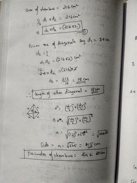 The Area Of A Rhombus Is 216 Cm 2 If One Of Its Diagonal Is 24 Cm