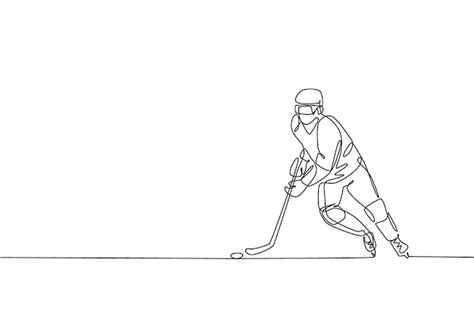 Un Dessin En Ligne Continue D Un Jeune Joueur Professionnel De Hockey