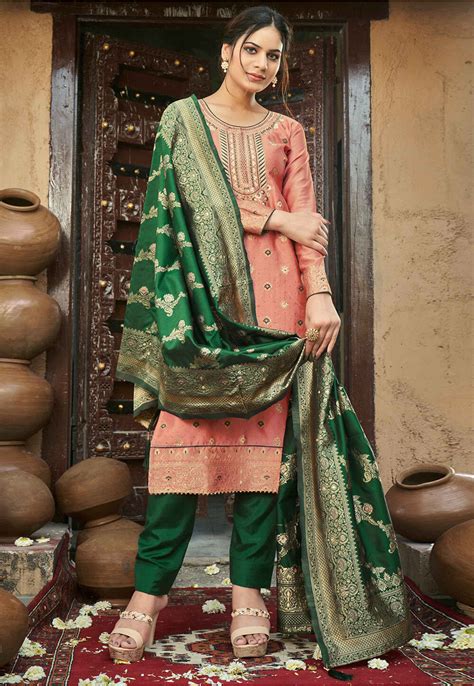 Woven Art Silk Jacquard Pakistani Suit In Peach KCH11498