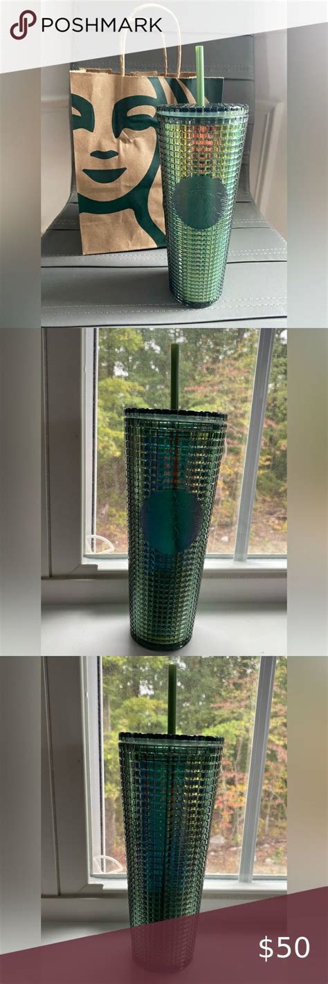 Starbucks New Fall 2022 Iridescent Green Rainforest Grid Disco Tumbler