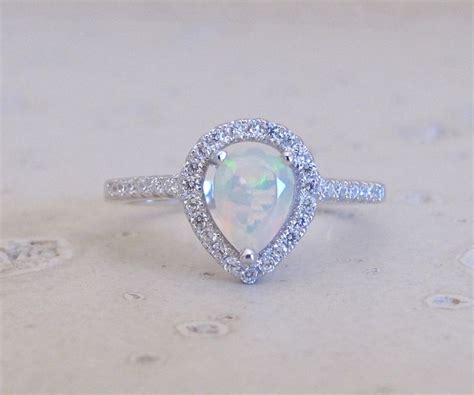 Teardrop Genuine Opal Engagement Vintage Ring Set Natural Opal Halo