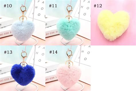 14 Styles Heart Ball Pom Pom Keychain Fluffy Faux Rabbit Fur Pompom Key Chains Women Bag Pendant