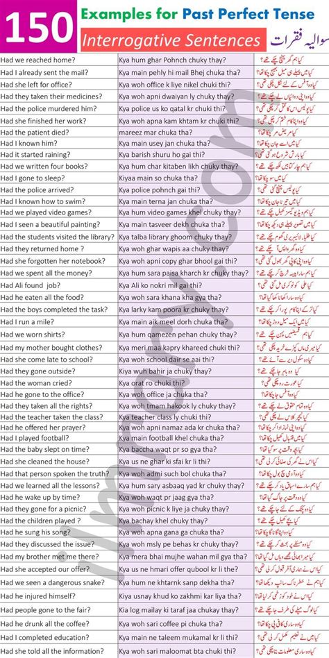 150 Interrogative Examples For Past Perfect Tense With Urdu Translation