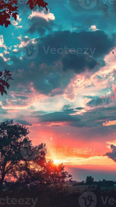orange pink  blue clouds paint  sunset sky  stock photo