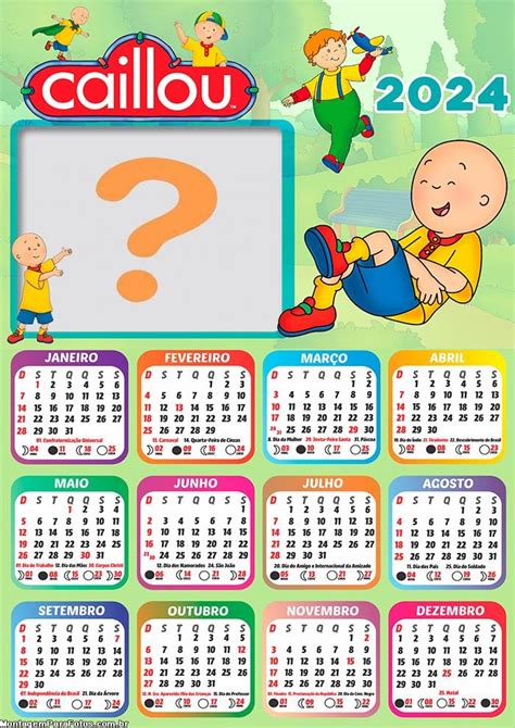 Calendário 2024 Caillou Montagem Infantil Colagem De Foto