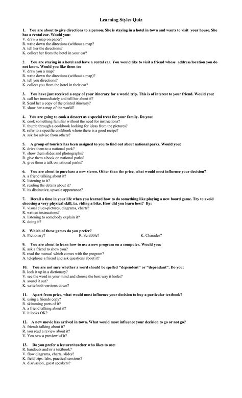 learning styles test  educational assessment education