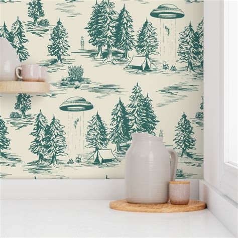 Large Scale Teal Alien Abduction Toile Wallpaper Spoonflower