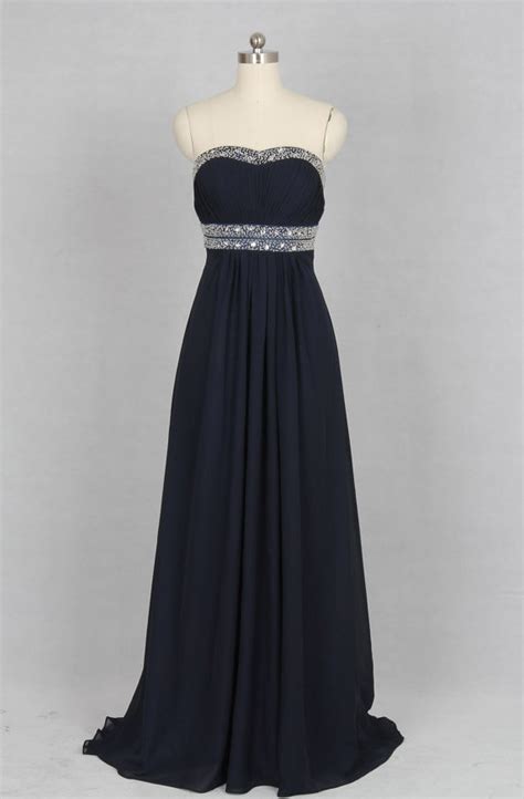 Navy Blue Chiffon Prom Dresses Featuring With Sweetheart Necklne And