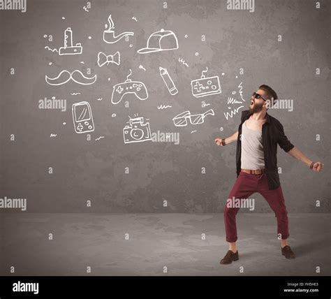 Funny hipster guy shouting drawn items Stock Photo - Alamy