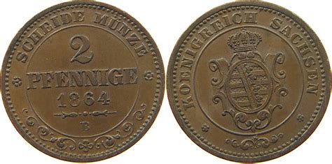 SACHSEN ALBERTINISCHE LINIE 2 PFENNIG 1864 B Johann 1854 1873 SS