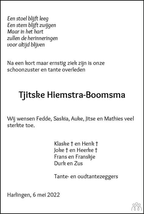 Tjitske Tsjikke Hiemstra Boomsma Overlijdensbericht En