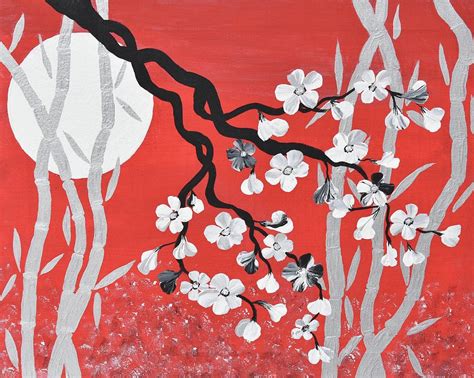 Oriental Art Cherry Blossom Art Red Zen Art Bamboo Painting Cherry ...