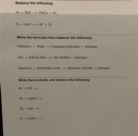 Solved Balance The Following Feh2o→fe3o4h2 F2h2o→hfo2