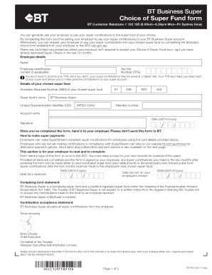 Fillable Online Bt Business Super Choice Of Super Fund Form Fax Email