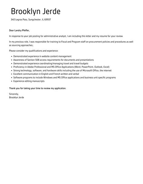 Administrative Analyst Cover Letter Velvet Jobs