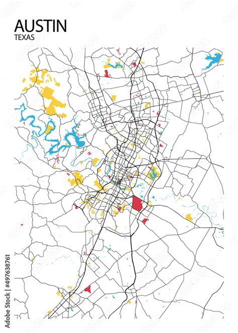 Poster Austin - Texas map. Road map. Illustration of Austin - Texas streets. Transportation ...