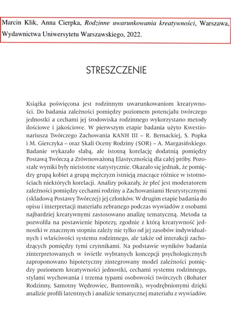 Pdf Rodzinne Uwarunkowania Kreatywno Ci Streszczenie