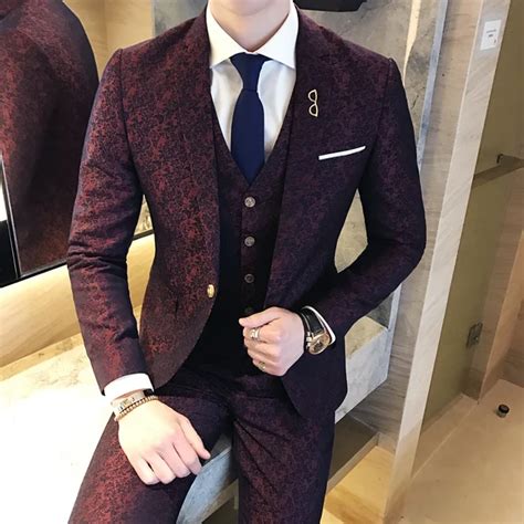 Wine Red Jacquard 3 Piece Wedding Suit Men Groom Suit Costume Homme