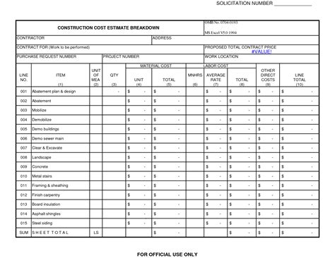 Construction Take-off sheets | Construction Cost Estimate Breakdown