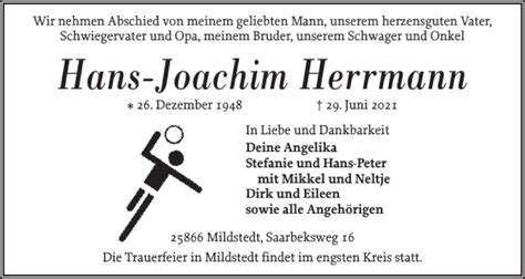 Traueranzeigen Von Hans Joachim Herrmann Sh Z Trauer