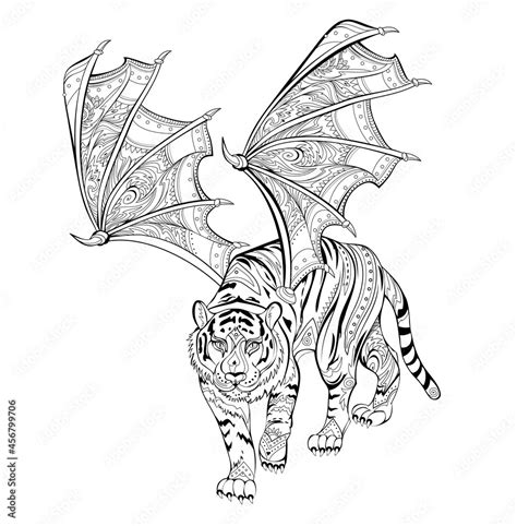 Fantastic warlike tiger with wings. Coloring book. Printable image ...