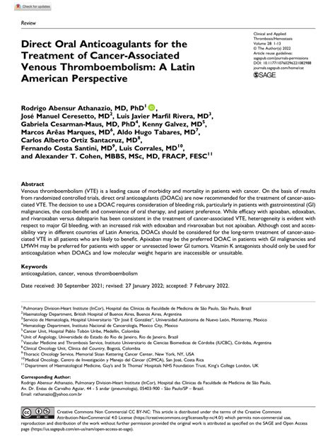 Pdf Direct Oral Anticoagulants For The Treatment Of Cancer Associated Venous Thromboembolism