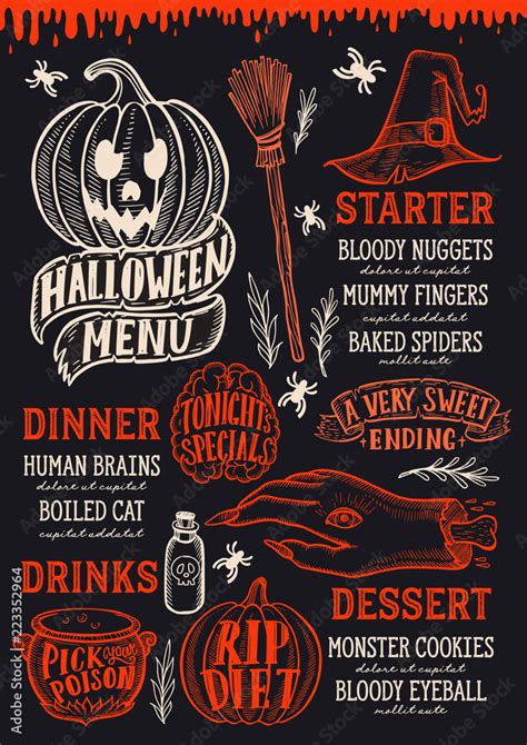 Halloween Menu With Holiday Decorations On A Blackboard Vector