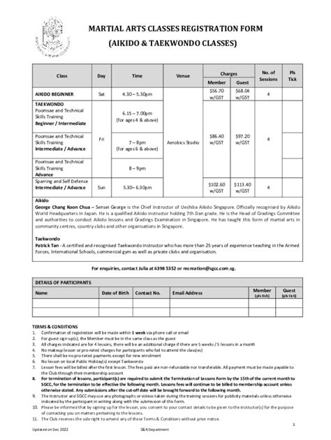 Fillable Online Martial Arts Course Registration Form Templates Fax