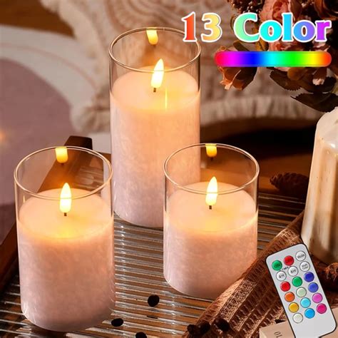 Set Of 3 5pcs Crack Led Flameless Pillar Candle 12 Colors Remote