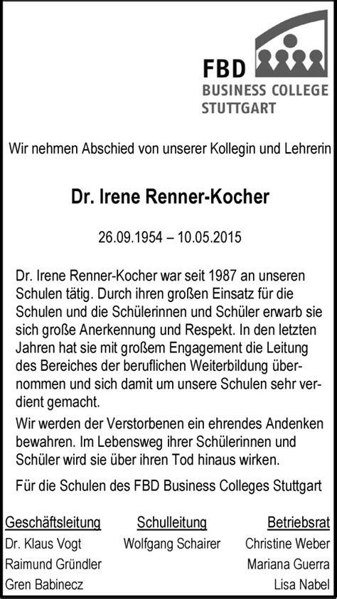 Traueranzeigen Von Irene Renner Kocher Stuttgart Gedenkt De