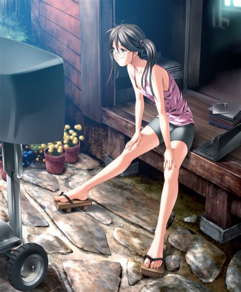 Safebooru Bike Shorts Black Eyes Black Hair Computer Feet Flower