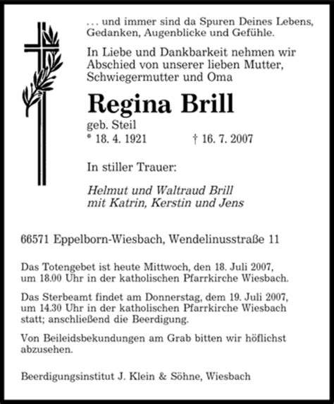 Traueranzeigen Von Regina Brill Saarbruecker Zeitung Trauer De