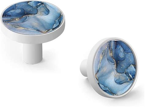 AAMPEAR 6 Pack White Cabinet Knobs Blue Cyan Marble With Brass Gold